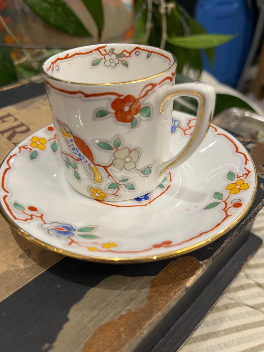 Porcelain Floral Espresso Cup and Saucer - White with Multicolor Floral Accents